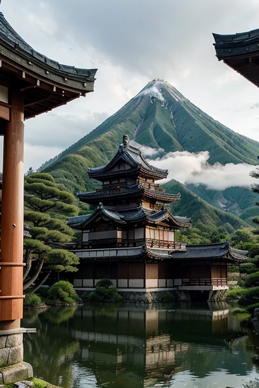 Beautiful palatial and gloomy Japanese castle in Japan with mountains and lakes