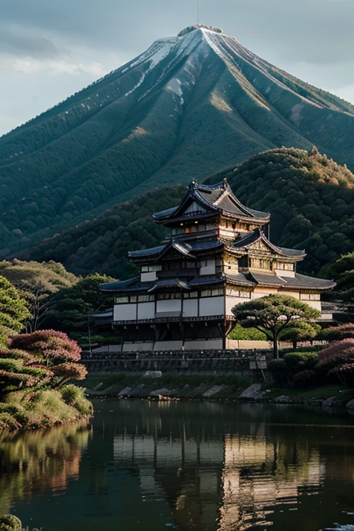 Beautiful palatial and gloomy Japanese castle in Japan with mountains and lakes