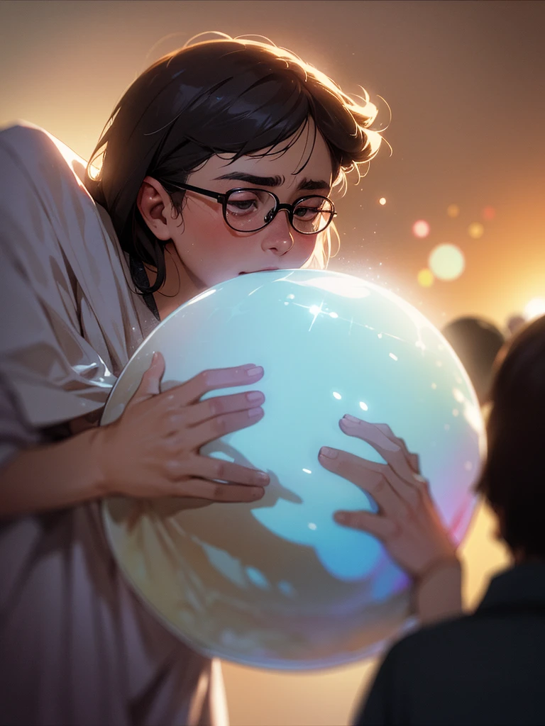(Sumilux f1.4 50mm , low Latitude old color negative film , cross process , bokeh, flare, chromatic aberration , soft focus, (Shallow focus) , soft glow , Maximum aperture, high Key , Transparent depiction) , artistic photo , looking away , Harry Potter starring Rowan Atkinson , Hermione is played by Shimura Ken , comedy