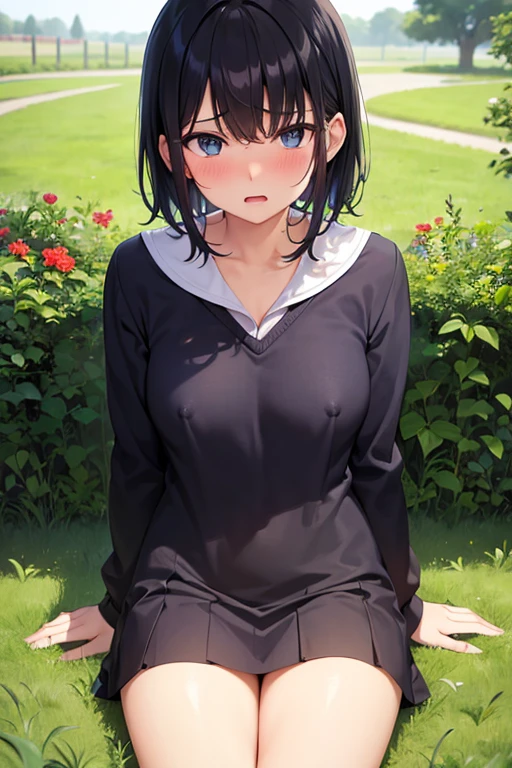 garden,On the grass,nakedの女の子,high school student,sit,Leg spread,Spreading legs,Looking forward,naked,Normal milk,Normal boobs,Nipples are visible,Black Hair,Short Hair,Blue Eyes,No clothes,Very embarrassed,Hold your mouth with your hand,Embarrassed face,Shy with open mouth,blush,Very embarrassed,Look Away,naked,Front viewStanding,Not looking at me,Looking away,Turn away,Thick thighs,Angle from below,Watch her from below
