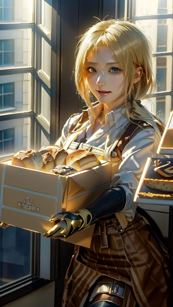 Blonde woman holding a box of bread in front of a window, Attack on Titanより, artwork in the style of Gwaiz, Attack on Titan, Renji Murata and Artgerm, Sakimi-chan Frank Franzeta, Gwaiz, (Attack on Titanアニメ), Gwaiz on pixiv artstation