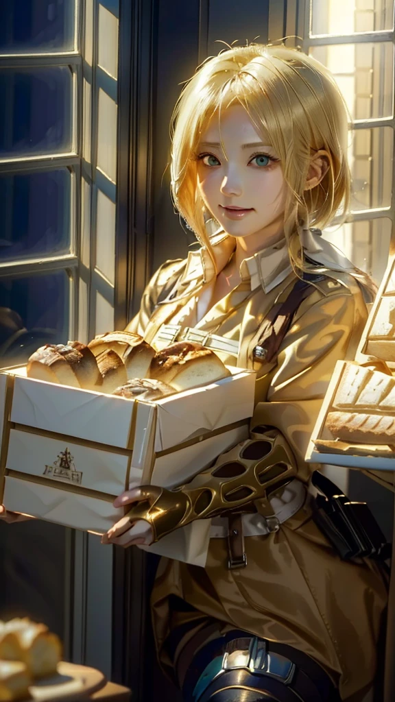 Blonde woman holding a box of bread in front of a window, Attack on Titanより, artwork in the style of Gwaiz, Attack on Titan, Renji Murata and Artgerm, Sakimi-chan Frank Franzeta, Gwaiz, (Attack on Titanアニメ), Gwaiz on pixiv artstation