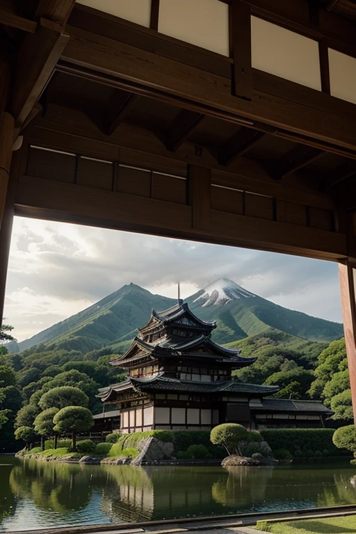 Beautiful palatial and gloomy Japanese castle in Japan with mountains and lakes, bedrooms