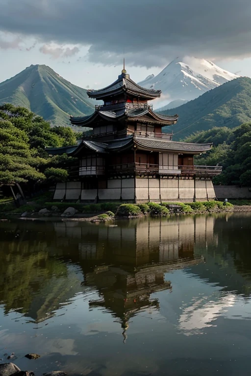 Beautiful palatial and gloomy Japanese castle in Japan with mountains and lakes, bedrooms
