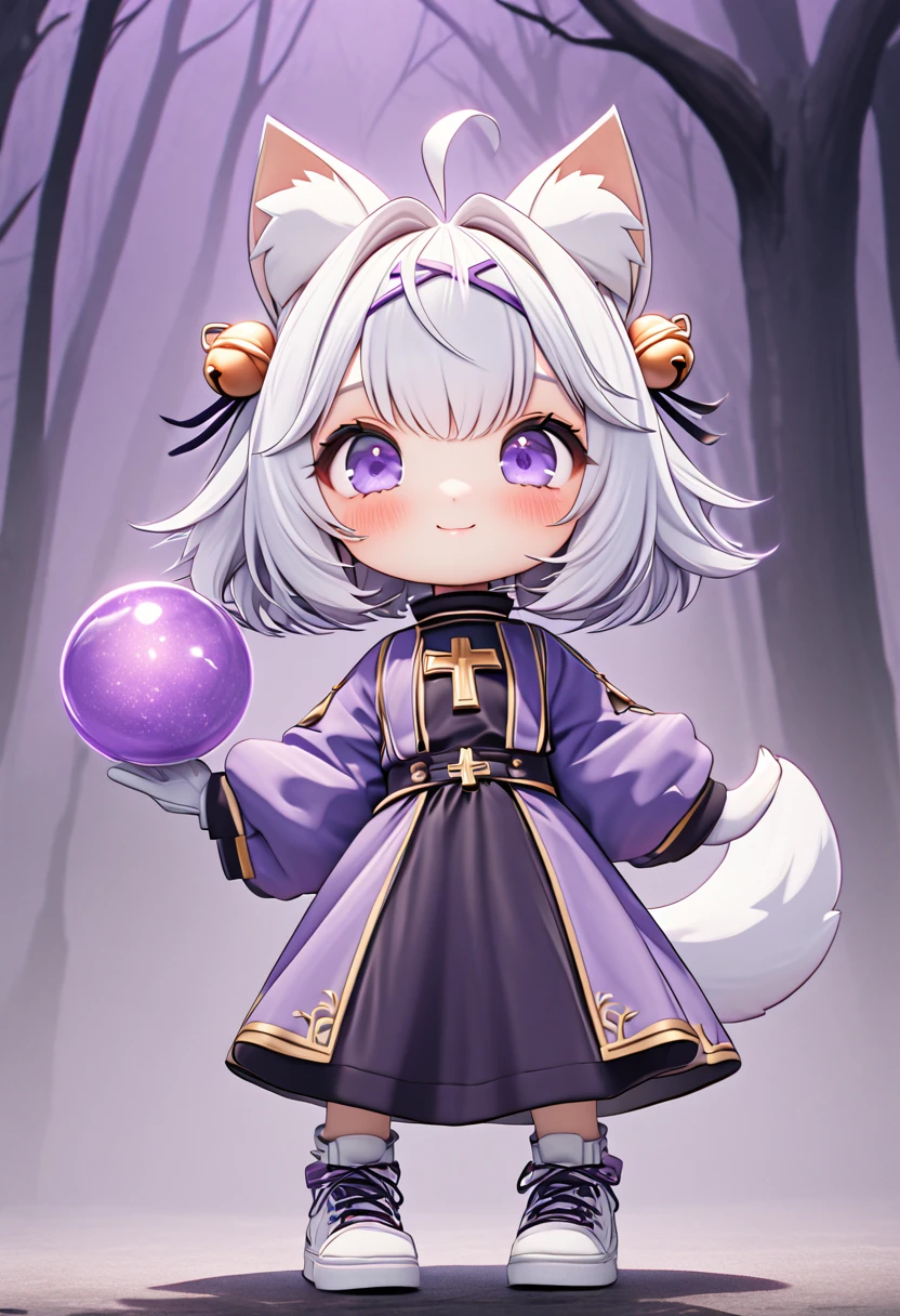 master piece, best quality, ultra-detailed, illustration, 1girl, solo, chibi, (big head), cute pose, front view, looking at viewer, ((full body Close up)), filian, filianoverall, Filiansailor, ((white hair)) , short hair, shoulder length hair, fly-away hair, bangs, (purple hair ornament:1.3), (purple hairclip:1.3), cat ears, (hair bell:1.3) ahoge, purple eyes, blush, smiling, fluffy tail, ((white priest outfit)), purple robe with gold lining, crucifix design, long sleeves, white gloves, holding a orb staff , white shoes, spooky forest background, gloomy atmosphere, broken trees