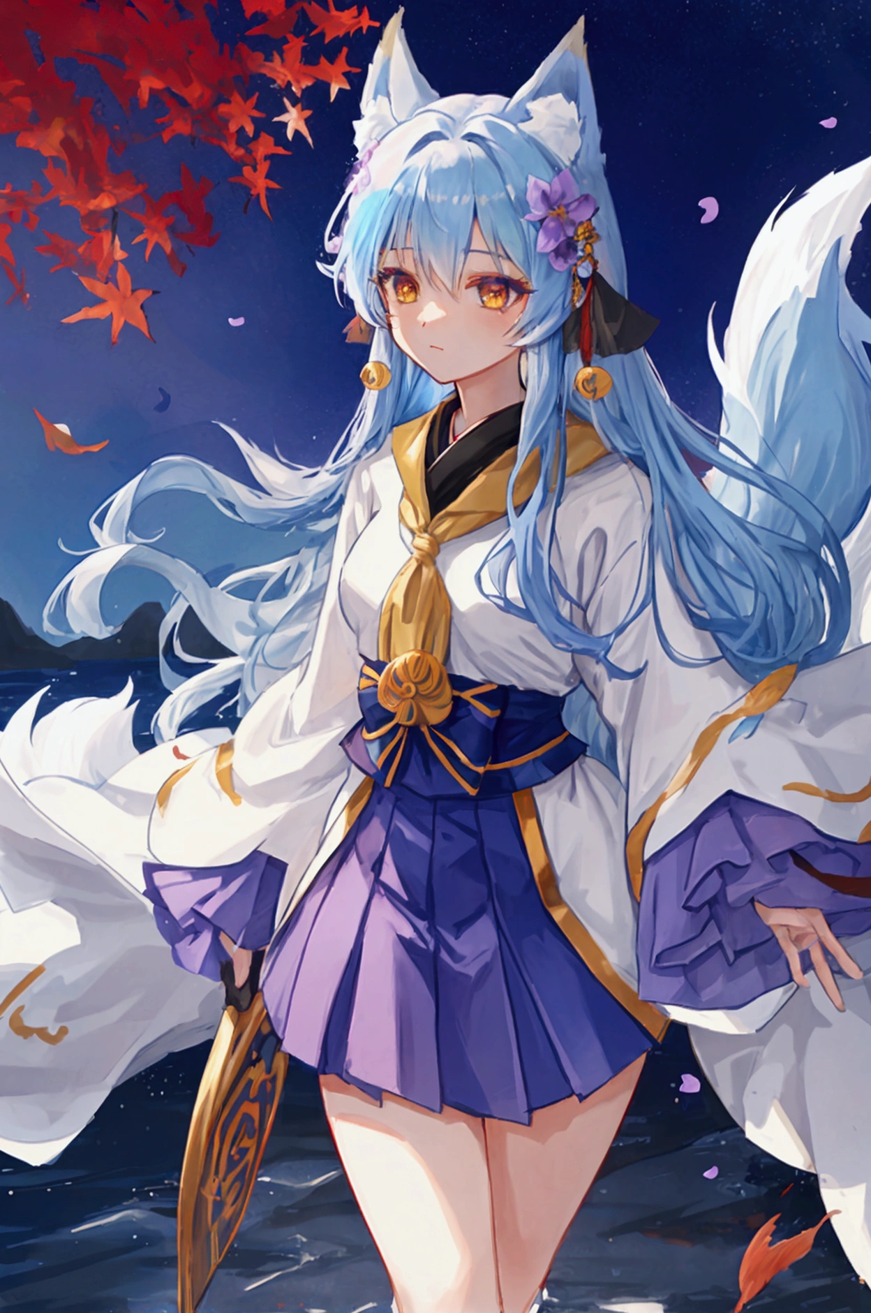 fox Light blue hair 　beast girl　indigo fur　fox beast girl　Sesshomaru, Yellow eyes, Anime, Perfect face, Perfect Lighting, Outdoors, Warm colors, Dark purple sky, Autumn sunset,  \(inuyasha\), Bearing Claw, Ready to fight　wave, koi fish, anime artstyle, wide view, fluffy. yellow  fox, marking under the eyes, crystal antler ,violet eyes, wearing bandanna, flower petals, Ambient light，Ultra-fine fur，volumettic light，natural  lightting，fox tail，nevando，35mm。High quality, high detal, Best quality, hyper HD，individual，Single