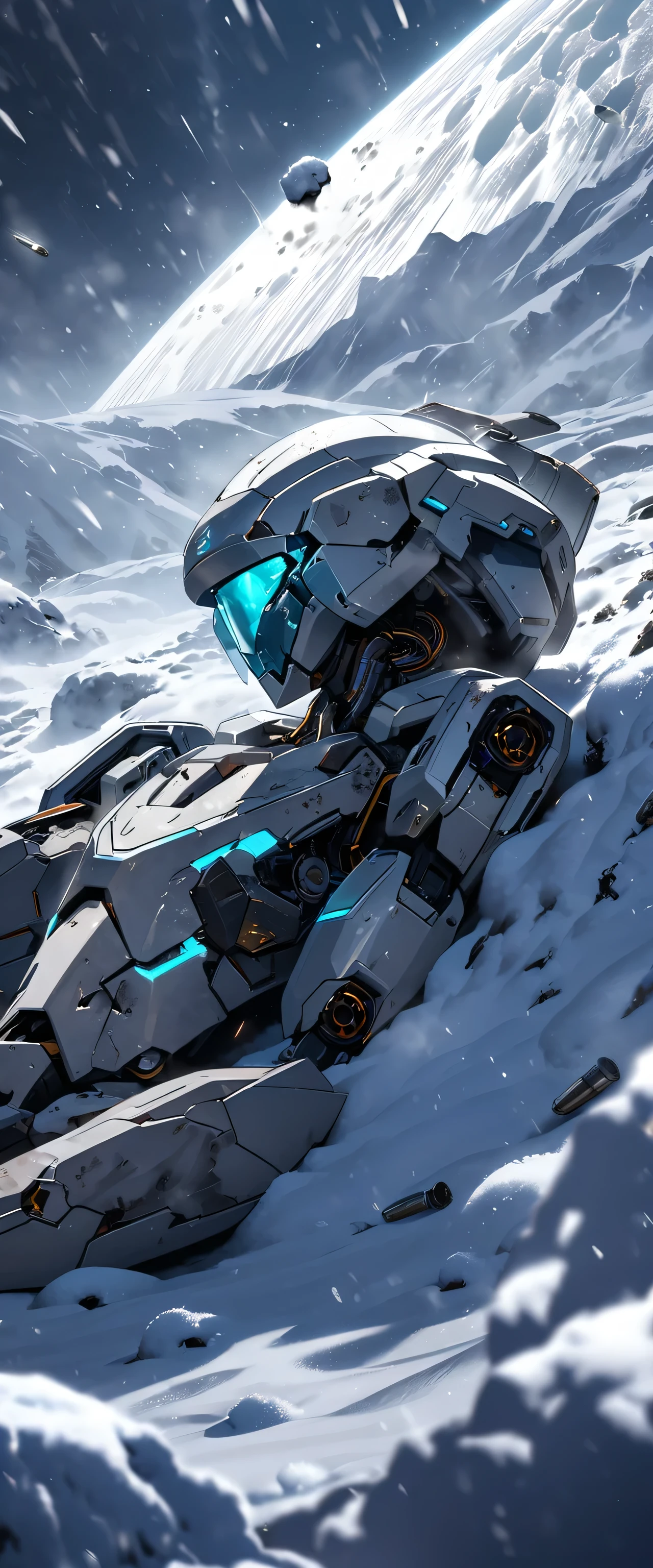 (humanoid robot robot, feminine structure), mechanical parts, robust design, light grey plating, scratched, light blue glow, (damaged body, missing arm), bullet holes, antennas, laying in deep snow, dynamic pose, (covered in snow), (snow planet), sci-fi, (soft shading), (dark lighting), (blizzard), solo focus:1.2