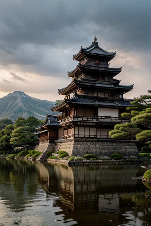 Beautiful palatial and gloomy Japanese castle in Japan with mountains and lakes, bedrooms