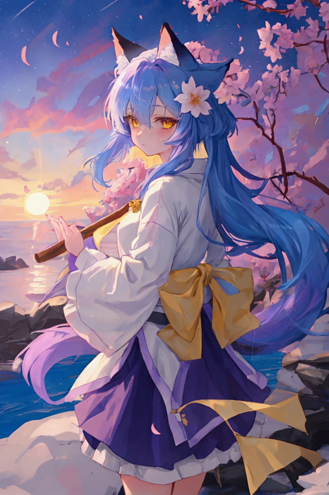 fox Light blue hair 　beast girl　indigo fur　fox beast girl　Sesshomaru, Yellow eyes, Anime, Perfect face, Perfect Lighting, Outdoors, Warm colors, Dark purple sky, Autumn sunset,  \(inuyasha\), Bearing Claw, Ready to fight　wave, koi fish, anime artstyle, wide view, fluffy. yellow  fox, marking under the eyes, crystal antler ,violet eyes, wearing bandanna, flower petals, Ambient light，Ultra-fine fur，volumettic light，natural  lightting，fox tail，nevando，35mm。High quality, high detal, Best quality, hyper HD，individual，Single