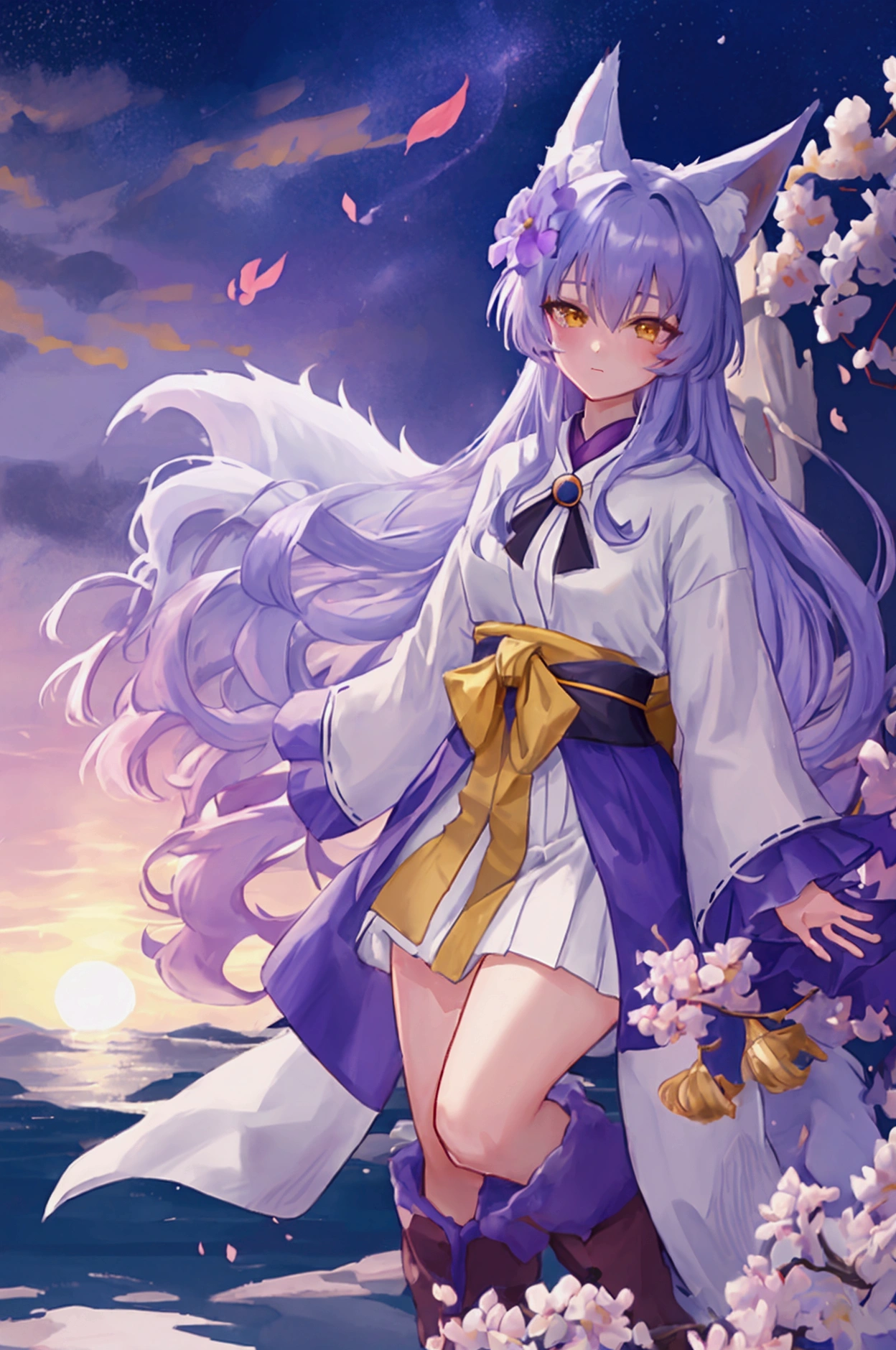 fox Light blue hair beast girl indigo fur fox beast girl Sesshomaru, Yellow eyes, Anime, Perfect face, Perfect Lighting, Outdoors, Warm colors, Dark purple sky, Autumn sunset, \(inuyasha\), Bearing Claw, Ready to fight wave, koi fish, anime artstyle, wide view, fluffy. yellow fox, marking under the eyes, crystal antler ,violet eyes, wearing bandanna, flower petals, Ambient light,Ultra-fine fur,volumettic light,natural lightting,fox tail,nevando,35mm。High quality, high detal, Best quality, hyper HD,individual,Single
