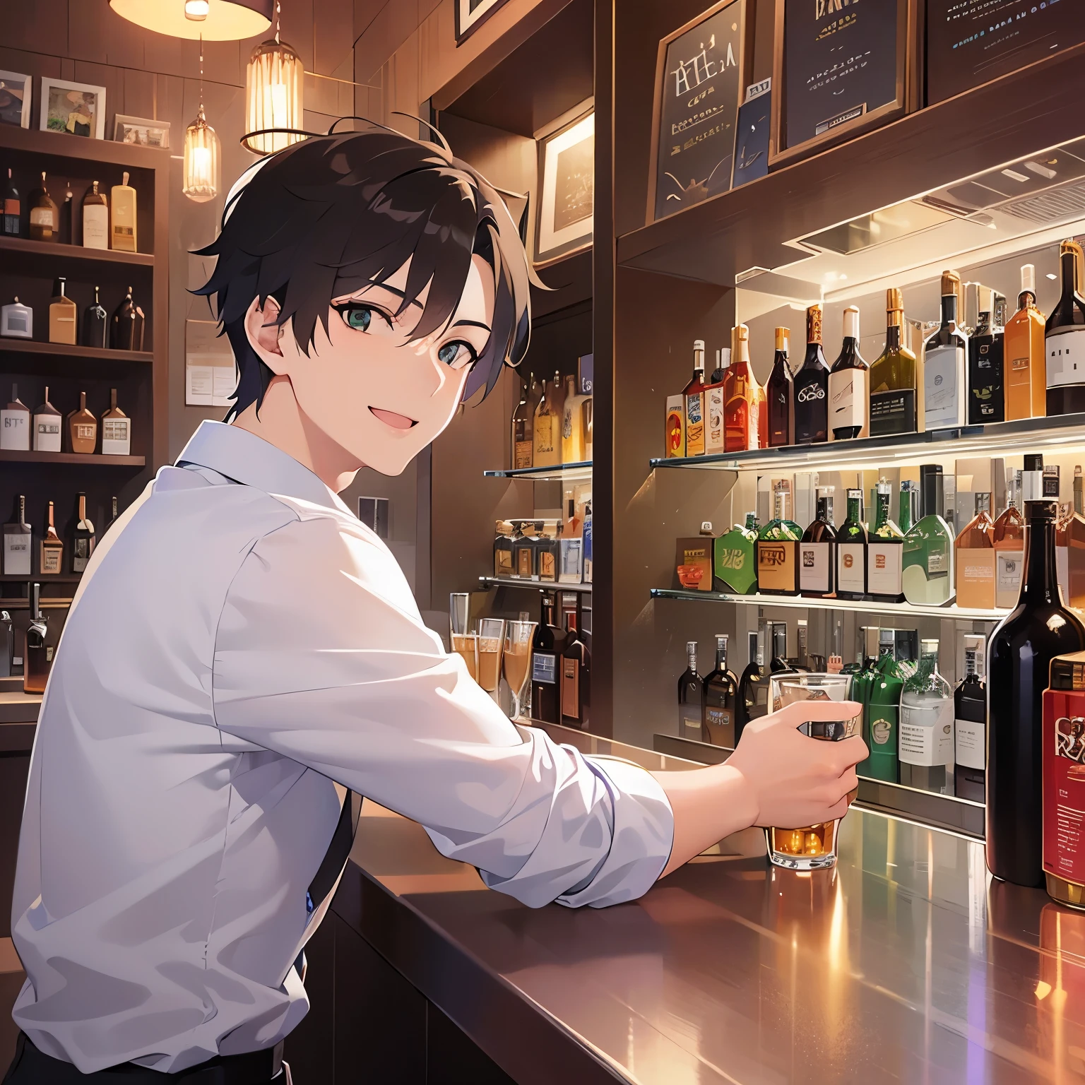 （looking at viewer:1.5）upper body、Side shot、Drinking beer、
shiny skin、masterpiece、Highest quality、BREAK (25-year-old male:1.5) and (Brown short hair) and (Green Eyes), 
(Wearing a suit:1.3)  BREAK、
(smile:1.5),open mouth、The background is the interior of a bar at night.、(alone:1.5)