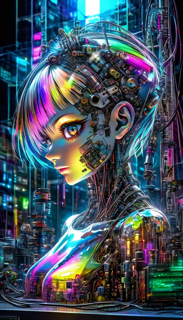 city where everything is made of machines, transparent, clear neon color, precision instruments, machines, machine parts, LED, wire cables, fusion of all-round punk and all genre punk, shading effects, gradation magic effects, mysterious effects, (ultra detailed, absolutely resolution, best quality:1.3), 2.5D, delicate and dynamic, artistic photography, hyper realistic, graphic CG digital fantasy art
