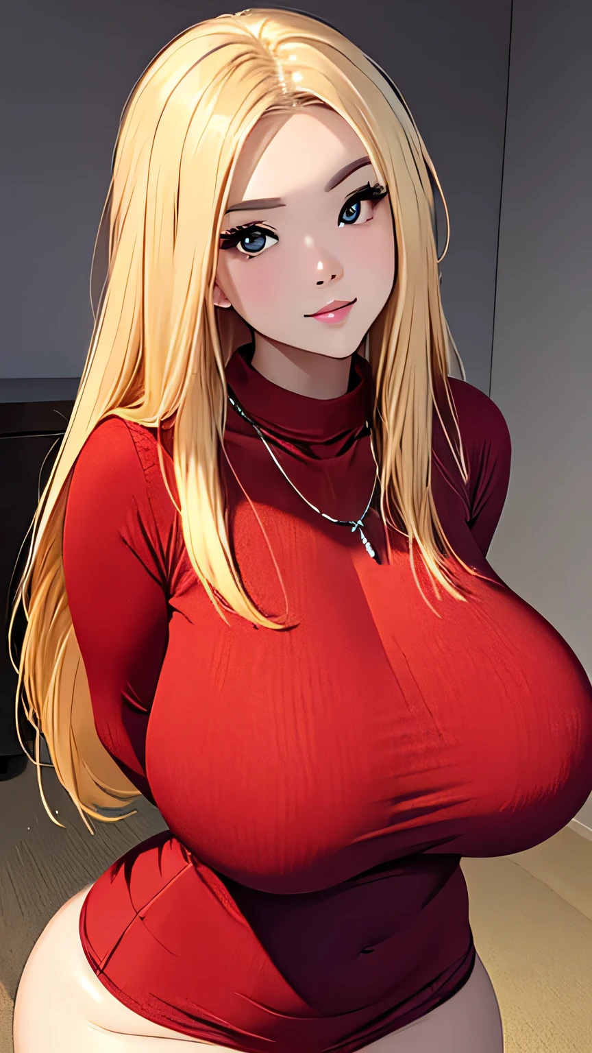 Best quality, high detailed, 8K quality, 4k resolution, Full body 20 years old chinese girl, blonde hair, necklace, gorgeous face, massive breast, curvy body, wearing tight red sweater, massive breast and huge butt, playful expression, pose with both hands