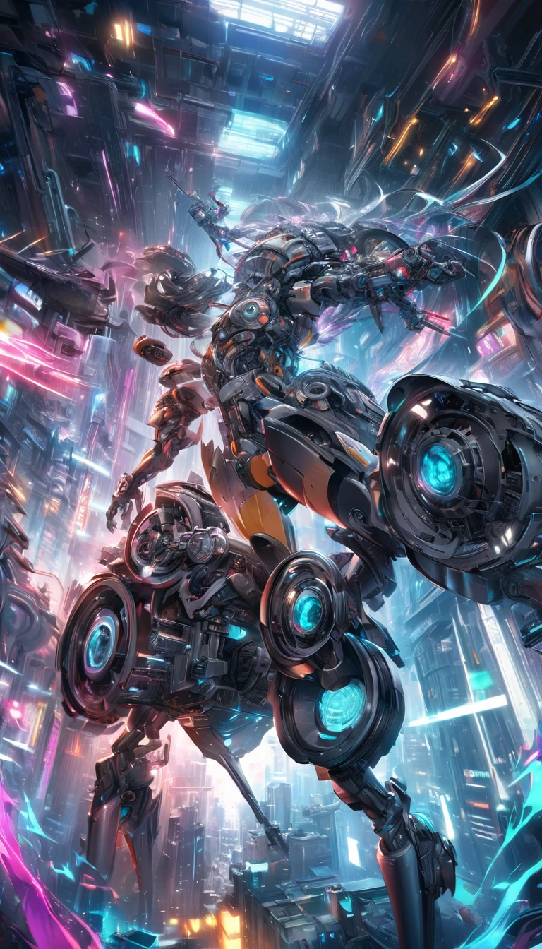 city where everything is made of machines, transparent, clear neon color, precision instruments, machines, machine parts, LED, wire cables, fusion of all-round punk and all genre punk, shading effects, gradation magic effects, mysterious effects, (ultra detailed, absolutely resolution, best quality:1.3), 2.5D, delicate and dynamic, artistic photography, hyper realistic, graphic CG digital fantasy art