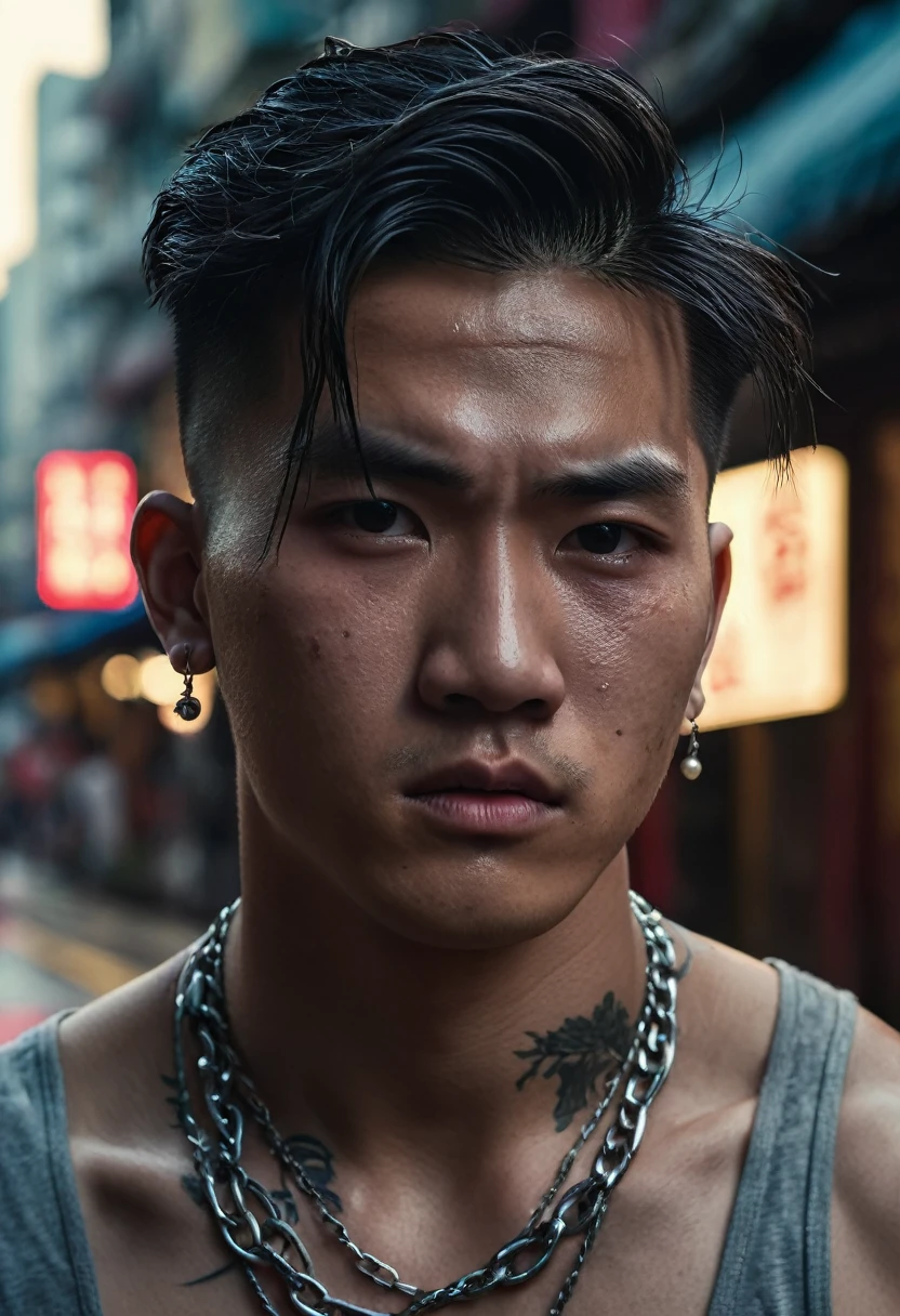 Close-up of a man, extremely handsome, 15 years old, muscular, tattooed, wearing a necklace, hair tied up, street scene, gangster style, romance, Hong Kong cinema. Their eyes are filled with sadness and longing. The background is a trail of blood and violence. Cinematic lighting, high detail, 8k, artstation, conceptual art, dark fantasy. Photo taken with Canon EOS R5 85mm f/11 camera, ((sharp)) mode of people and surrounding scenery. Image quality ((8K)), ((realistic)), ((masterpiece)), ((sharpest and highest contrast)), ((excellent depth of field)), ((stereoscopic lighting)). ((angry, ferocious)), detailed pores, ((Direct light on face)), bright sunlight.