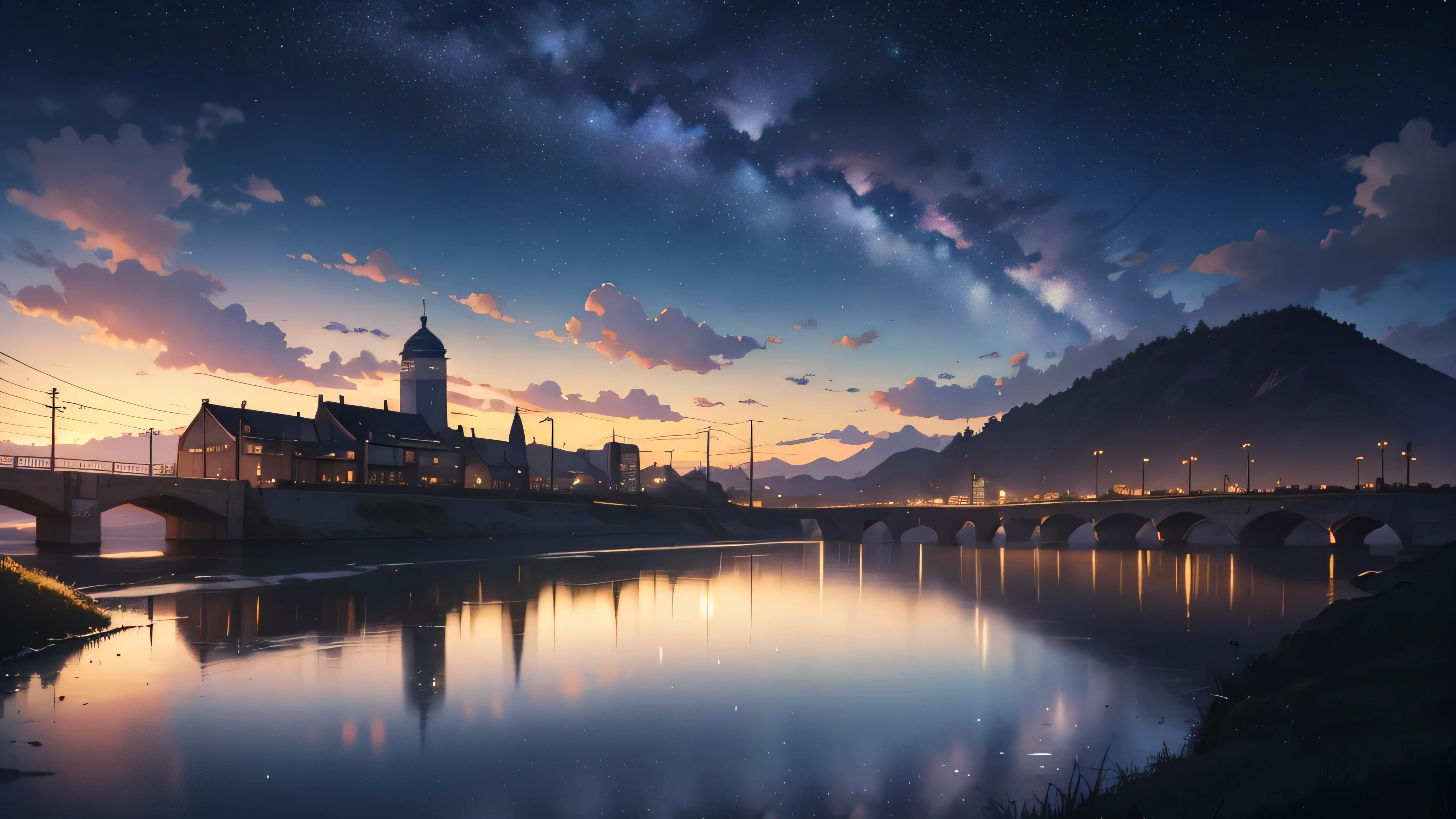 High-quality masterpiece ,landscape,Animation of a train passing through water on tracks, Shine under the stars。Romantic train,pixiv,Concept Art,洛菲styleスタイル,Reflector。 by Shinkai Makoto, 洛菲style, Beautiful anime scene, アニメのlandscape, 詳細なlandscape —幅672, in Shinkai Makoto'style, Shinkai Makoto'style,Detail Enhancement