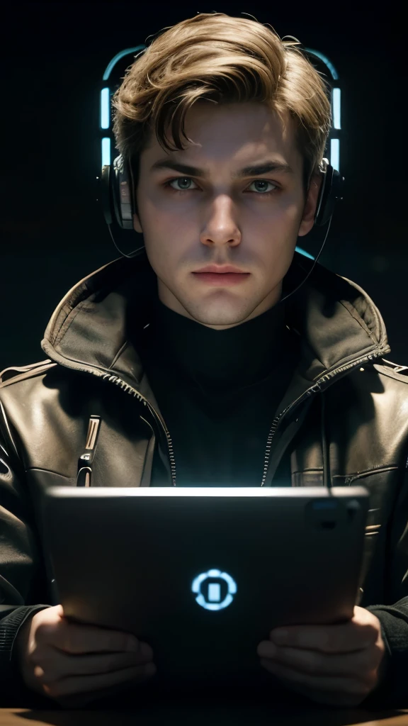 Retro-futuristic brown white male hacker staring at me, perfect proportions, centered image, visually rich, cinematic, Mschiffer, wallpaper art, UHD wallpaper, ultra sharp focus.