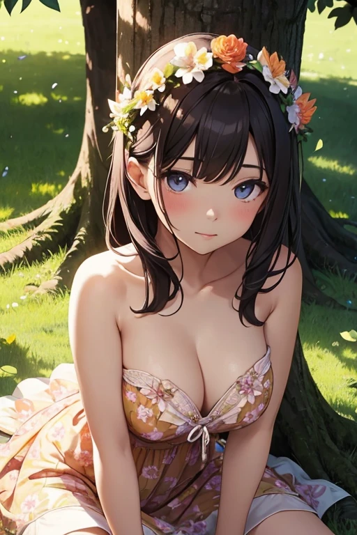 seductive girl leaning against a tree. She is wearing a short strapless summer dress with a flower pattern. he touches his hair with one hand. It is under the shadow of the tree crown. it's a sunny day