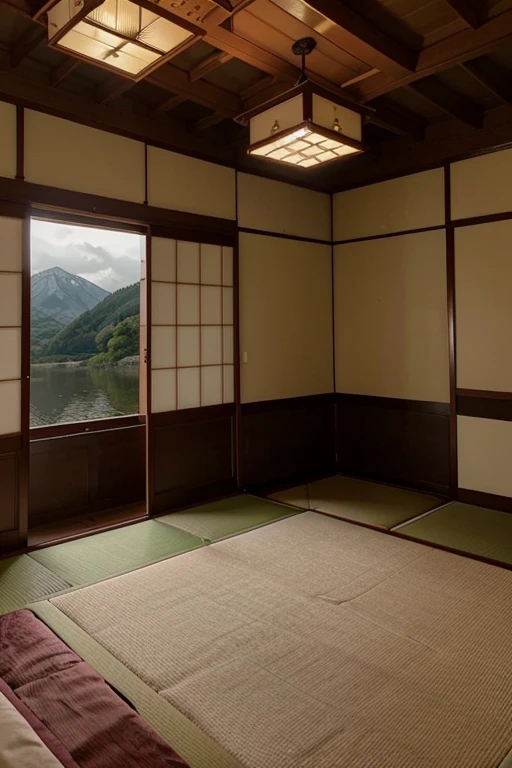 room in beautiful palatial and gloomy Japanese castle in Japan with mountains and lakes, bedrooms 