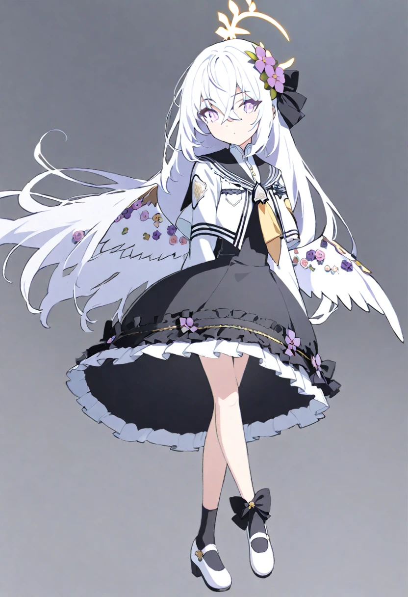azusa \(blue archive\),1girl ankle_socks arm_at_side black_bow black_dress black_sailor_collar black_socks blue_hair bow bow_legwear closed_mouth cropped_jacket crossed_bangs dot_mouth dot_nose dress dress_bow dress_flower feathered_wings flower frilled_dress frilled_socks frills from_side full_body gradient_hair grey_background hair_between_eyes hair_bow hair_flower hair_ornament halo hand_on_own_arm high_heels jacket knees_together_feet_apart long_hair looking_at_viewer low_wings mary_janes multicolored_hair open_clothes open_jacket petticoat purple_flower sailor_collar school_uniform shoes simple_background socks solo standing three_quarter_view very_long_hair white_footwear white_hair white_halo white_jacket white_wings wings