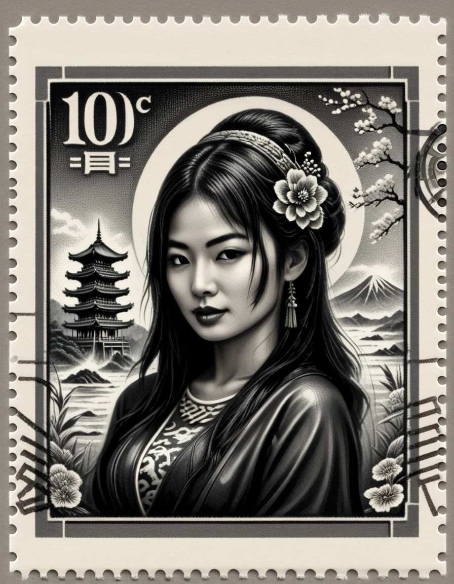 monochrome,grayscale,3d, stamped embossed, fillagree, realistic, pretty, lovely,landscap art retro,Japanese woman, old vintage stamp, ink punk,dinamic,ink art , comic book, cartoon,colors, sketch, tiny detailed, masterpiece, artstation trends, sharp focus, ,bold high quality, intricate details,vector style for t-shirt,ultra detailed, high resolution,kodew