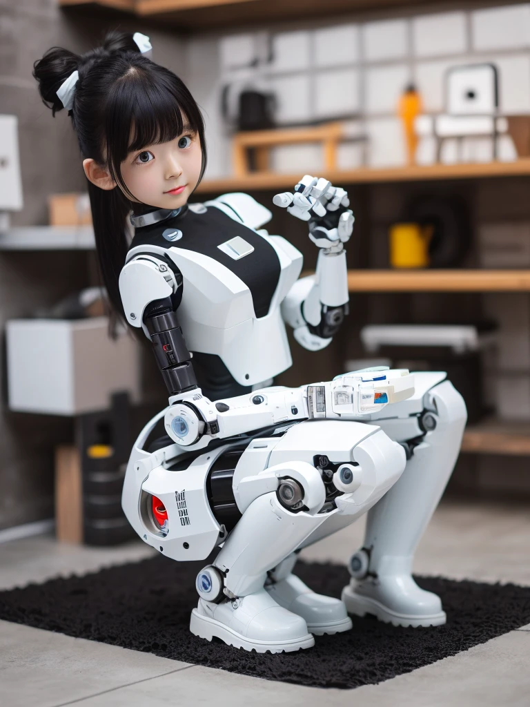 masterpiece, Highest quality, Very detailed, Japanese Android Girl,Plump,Control panel,Squat,Mechanical Hand,Robotic arms and legs, Black sponge joint,Blunt bangs,White robot body,Ceramic body,White Long Boots,Perfect Cyborg Girl,Charging Spot,She is charging now,Chubby,