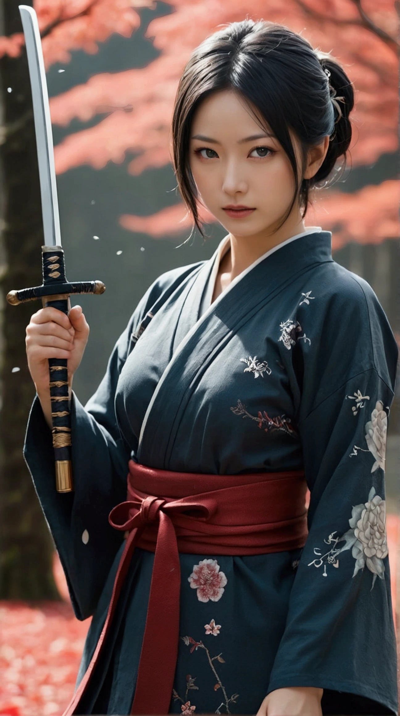 (Japanese sword &reference;Muramasa 2&reference;.2)Beautiful 27 year old woman、Japanese women、Tie your hair back、Hair ornament artist、Shinobi Costume、Warrior、Clear Eyes、{Arm tattoo(SakuraFubuki}’Warrior、(Japanese swordを両手で構える、1.3)(Japanese sword1.2)Intermediate position、whole body、A long-edged sword、Realistic battle scenes、敵Warriorの返りBlood、Blood、High resolution、Highest quality、Very detailed、8k、background、The castle is burning、Sparks fly、