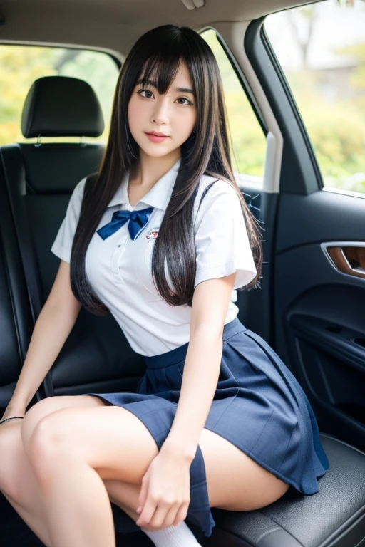 arafed woman sitting in the back of a car with a blue bag, anime girl in real life, sitting in her car, anime girl cosplay, ecchi style, fubuki, rei hiroe, the anime girl is crouching, rin, ayaka cosplay, japanese girl school uniform, anime-style, wearing japanese school uniform, japanese school uniform