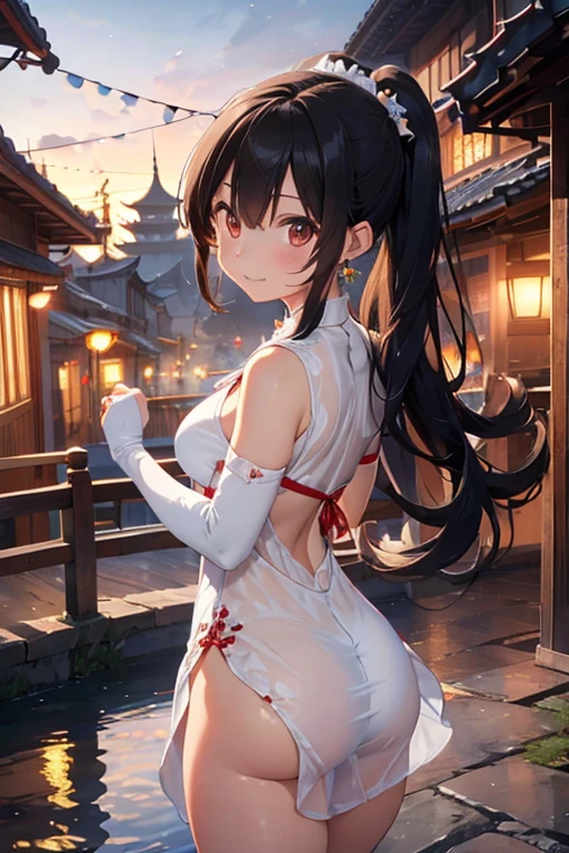 best quality,official art,Extremely detailed CG unified 8k wallpaper, (Wide-angle lens),1 girl, (Meiyu Edelfeldt),,black hair,brown eyes,seductive smile,National Science Foundation, barefoot, see through dress, Butterfly, Butterfly hair accessories, backless dress, Chinese clothes,sleeveless, twice as good,Golden dragon pattern,barefoot,full moon,Elbow gloves,Good, hair accessories,jewelry,earrings,Bead Anklet,thin legs,nail polish, medium breasts, alone, toenail polish, toe armor, toe, Double tail,outdoor,Chinese style architecture, Chinese style, lake, ancient town, Beautiful and detailed water,Red Lantern,fireworks,Thick thighs,View from behind,Buttocks visible,White cheongsam