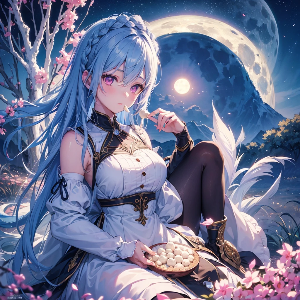 Sky blue hair, (1 braided hair), (Pink eyes),Fair skin) ,(whole body),(One Girl),harvest moon,A large amount of Miscanthus sinensis in the background,(full moon),(masterpiece, Highest quality, Very detailed, Best Shadow), (Detailed Background), (Beautifully detailed face), High Contrast, (Best lighting, Very delicate and beautiful), ((Cinematic Light)), Hyper Detail,8k, Dramatic Light, Intricate details,Sitting and eating rice dumplings