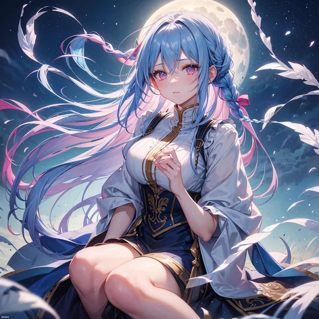 Sky blue hair, (1 braided hair), (Pink eyes),Fair skin) ,(whole body),(One Girl),harvest moon,A large amount of Miscanthus sinensis in the background,(full moon),(masterpiece, Highest quality, Very detailed, Best Shadow), (Detailed Background), (Beautifully detailed face), High Contrast, (Best lighting, Very delicate and beautiful), ((Cinematic Light)), Hyper Detail,8k, Dramatic Light, Intricate details,Sitting and eating rice dumplings