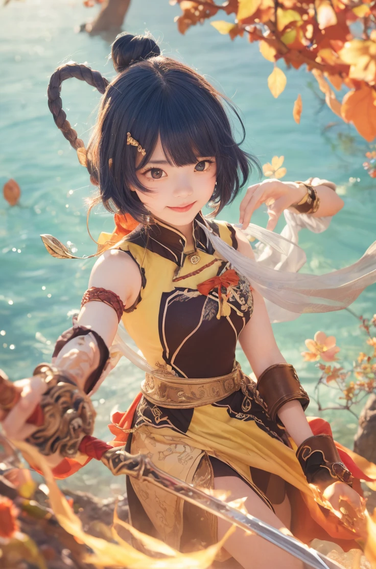 {Smiling anime girl warrior with luminescent, short deep blue hair styled in intricate double buns, each adorned with golden filigree hairpins; her eyes shimmer like molten gold, radiating a warm, inviting glow:0.9}, 
{She is garbed in an casual battle outfit that melds maroon and gold accents, featuring elaborate golden embroidery that mimics ancient runes across the fabric. The outfit is cinched at the waist with a wide belt, boasting a large, gleaming red bow. She brandishes an elegantly crafted spear, its blade engraved with delicate symbols, while cradling a whimsical, wide-eyed teddy bear, dressed in a matching miniature warrior outfit, in her other arm:0.8}, 
[The background swirls with a dynamic interplay of fiery and aqueous elements, manifesting as abstract tendrils of blazing orange and deep azure, simulating an elemental dance that blurs the line between water and fire, creating an otherworldly vortex around her:0.7], 
{Rendered in a distinct anime style that exudes detailed, vibrant splash art quality reminiscent of acclaimed 'Mihoyo' and 'Onmyoji' art styles. The illustration boasts sharp, precise line work with a luminous color palette that brings every detail into stark, breathtaking focus:0.9}, 
{The scene is illuminated by bright, vivid lighting that casts dramatic shadows and highlights, enhancing the high-contrast, fantasy-like atmosphere. This dreamy, surreal ambiance is punctuated by light flecks that seem to dance across the scene, adding a magical, ethereal quality to the overall composition:0.8}