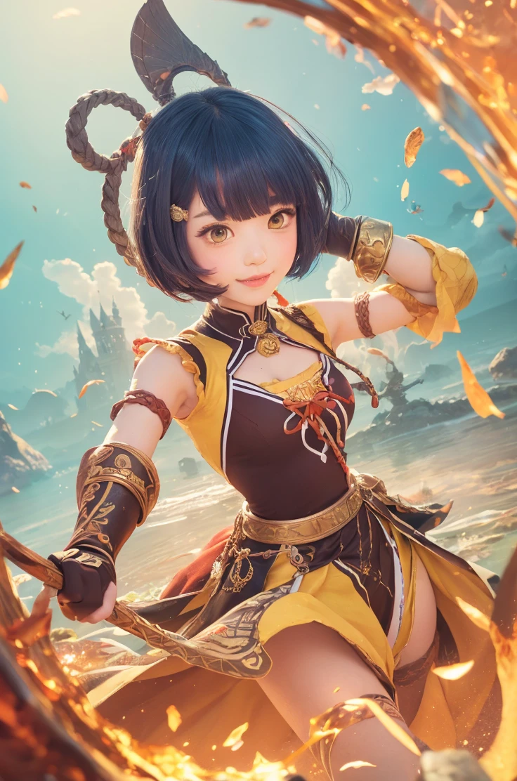 {Smiling anime girl warrior with luminescent, short deep blue hair styled in intricate double buns, each adorned with golden filigree hairpins; her eyes shimmer like molten gold, radiating a warm, inviting glow:0.9}, 
{She is garbed in an casual battle outfit that melds maroon and gold accents, featuring elaborate golden embroidery that mimics ancient runes across the fabric. The outfit is cinched at the waist with a wide belt, boasting a large, gleaming red bow. She brandishes an elegantly crafted spear, its blade engraved with delicate symbols, while cradling a whimsical, wide-eyed teddy bear, dressed in a matching miniature warrior outfit, in her other arm:0.8}, 
[The background swirls with a dynamic interplay of fiery and aqueous elements, manifesting as abstract tendrils of blazing orange and deep azure, simulating an elemental dance that blurs the line between water and fire, creating an otherworldly vortex around her:0.7], 
{Rendered in a distinct anime style that exudes detailed, vibrant splash art quality reminiscent of acclaimed 'Mihoyo' and 'Onmyoji' art styles. The illustration boasts sharp, precise line work with a luminous color palette that brings every detail into stark, breathtaking focus:0.9}, 
{The scene is illuminated by bright, vivid lighting that casts dramatic shadows and highlights, enhancing the high-contrast, fantasy-like atmosphere. This dreamy, surreal ambiance is punctuated by light flecks that seem to dance across the scene, adding a magical, ethereal quality to the overall composition:0.8}