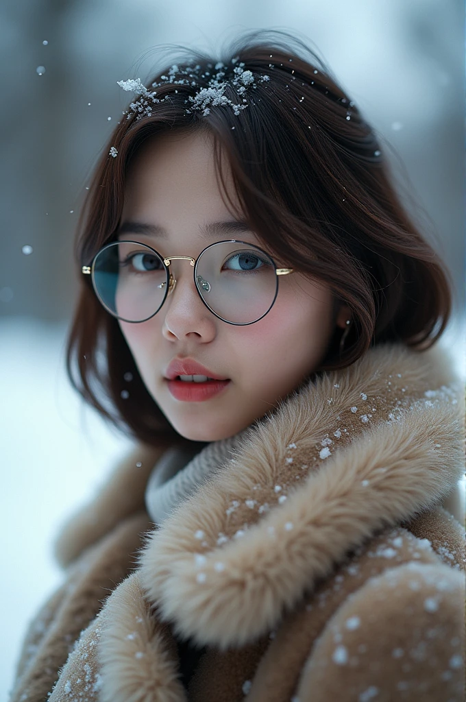 (Tabletop、highest qualそれy、8k、Award-winning works、Ultra-high resolution)、A beautiful Japanese woman、(thick and big fur coat:1.3)、(Plenty of fluffy fur:1.2)、Brown Hair、(short hair:1.1)、Great cinema lighting、(The most romantic and moody atmosphere:1.1)、winter、Snow Scene、it's snowing、(Walking in the snow in Northern Europe:1.1)、look at me、(Very large breasts:1.1)、Blurred Background、Accurate anatomy、Ultra HD Hair、Ultra-high resolutionの完璧な美しい歯、Ultra-high definそれion beauty face、Ultra HD Hair、Ultra-high resolutionの輝く瞳、輝くUltra-high resolutionの美肌、Ultra-high resolutionの艶やかな唇、(Face close-up:1.1)、(Elegant round glasses:1.1)