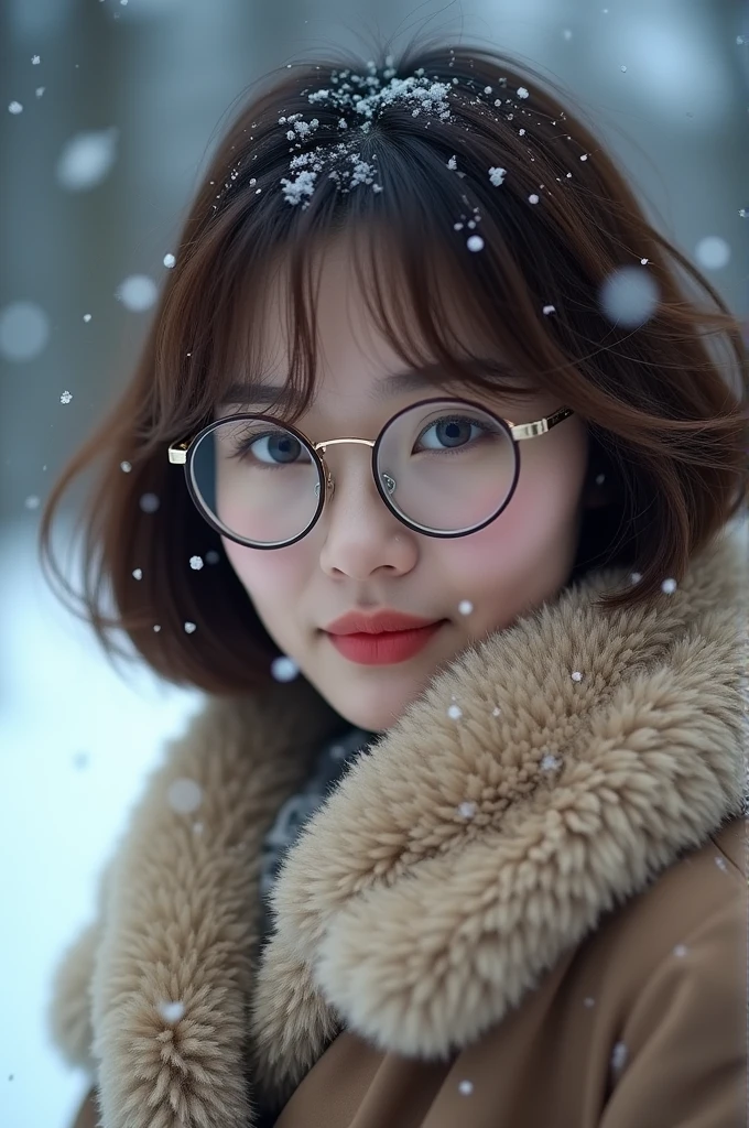 (Tabletop、highest qualそれy、8k、Award-winning works、Ultra-high resolution)、A beautiful Japanese woman、(thick and big fur coat:1.3)、(Plenty of fluffy fur:1.2)、Brown Hair、(short hair:1.1)、Great cinema lighting、(The most romantic and moody atmosphere:1.1)、winter、Snow Scene、it&#39;s snowing、(Walking in the snow in Northern Europe:1.1)、look at me、(Very large breasts:1.1)、Blurred Background、Accurate anatomy、Ultra HD Hair、Ultra-high resolutionの完璧な美しい歯、Ultra-high definそれion beauty face、Ultra HD Hair、Ultra-high resolutionの輝く瞳、輝くUltra-high resolutionの美肌、Ultra-high resolutionの艶やかな唇、(Face close-up:1.1)、(Elegant round glasses:1.1)
