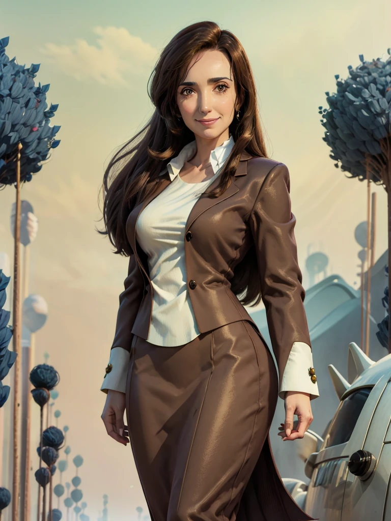 8k, Best Quality, Victoria Villarruel dressed in a suit as a lawyer, long dark brown hair, slim with wide hips, smiling warm expression. outdoor, clearing, plain, namek trees background.