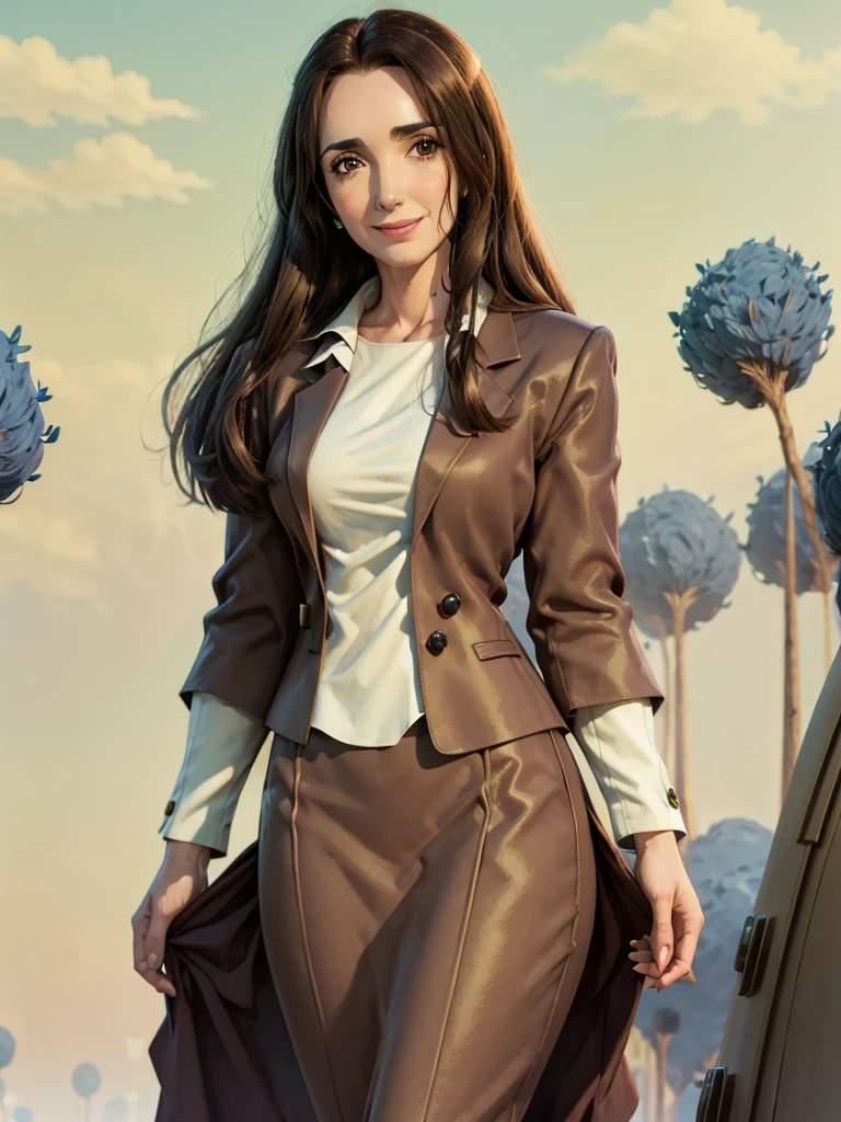 8k, Best Quality, Victoria Villarruel dressed in a suit as a lawyer, long dark brown hair, slim with wide hips, smiling warm expression. outdoor, clearing, plain, namek trees background.