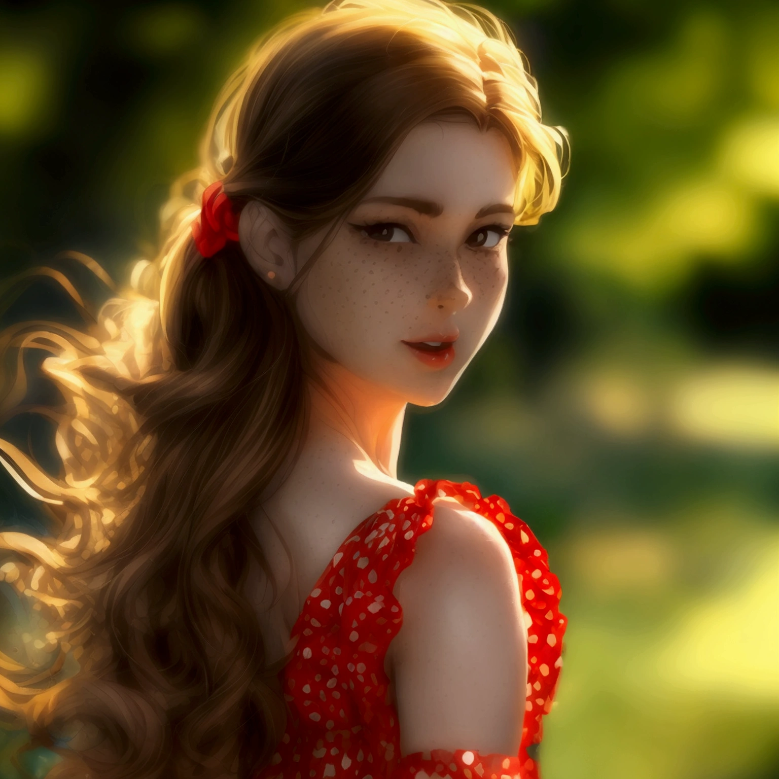 semi close up, hyper photorealistic, Emma 25 year old women, Long, wavy chestnut brown hair that falls just past her shoulders, often tied in a ponytail with a bright red hair band. Round face with a light sprinkling of freckles across her nose and cheeks, large hazel eyes with long lashes. Wears a knee-length half sleeve, complete bright red sundress with white dots. She also wears a silver charm bracelet on her left wrist. Body Structure,  and lean, with an energetic demeanor that makes her seem constantly in motion. is enjoying surrounded by her friends celebrating birthday party in the park.