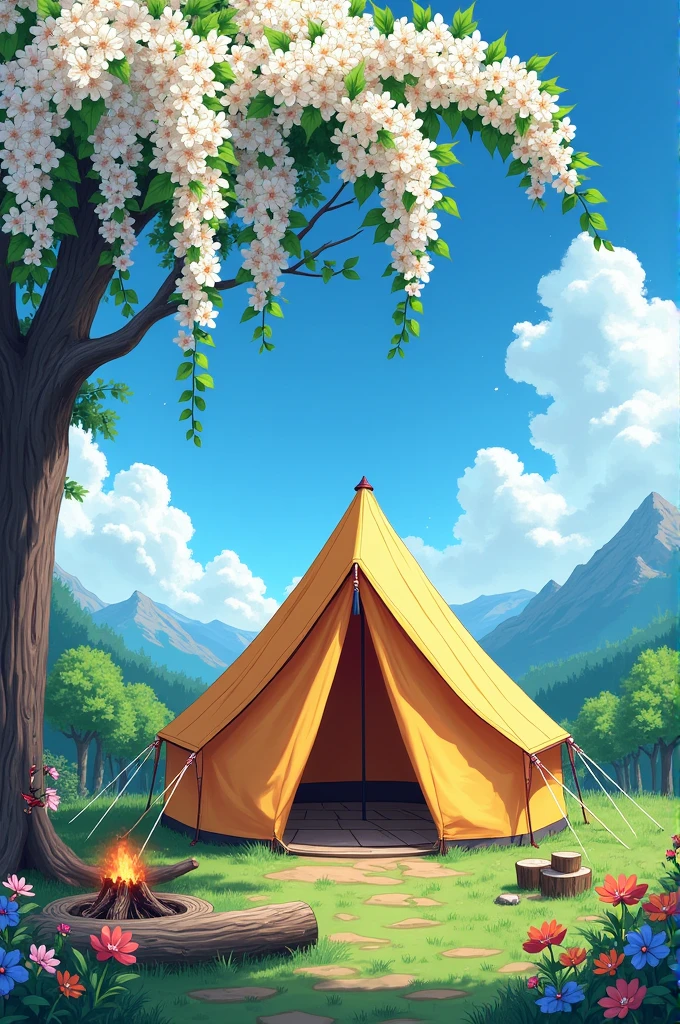 Anime digital art of a vibrant and colorful illustration of the campsite with white colour bougainvillea hanging above, beautiful direct front facade view of camping tent, blue sky in the background, wooden log, fire pit,, beautiful view, flowers in the foreground, In the style of anime, with high resolution and high details, colorful. This scene captures an atmosphere reminiscent of Japanese manga and drawing, with bright colors.