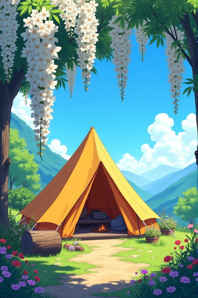 Anime digital art of a vibrant and colorful illustration of the campsite with white colour bougainvillea hanging above, beautiful direct front facade view of camping tent, blue sky in the background, wooden log, fire pit,, beautiful view, flowers in the foreground, In the style of anime, with high resolution and high details, colorful. This scene captures an atmosphere reminiscent of Japanese manga and drawing, with bright colors.