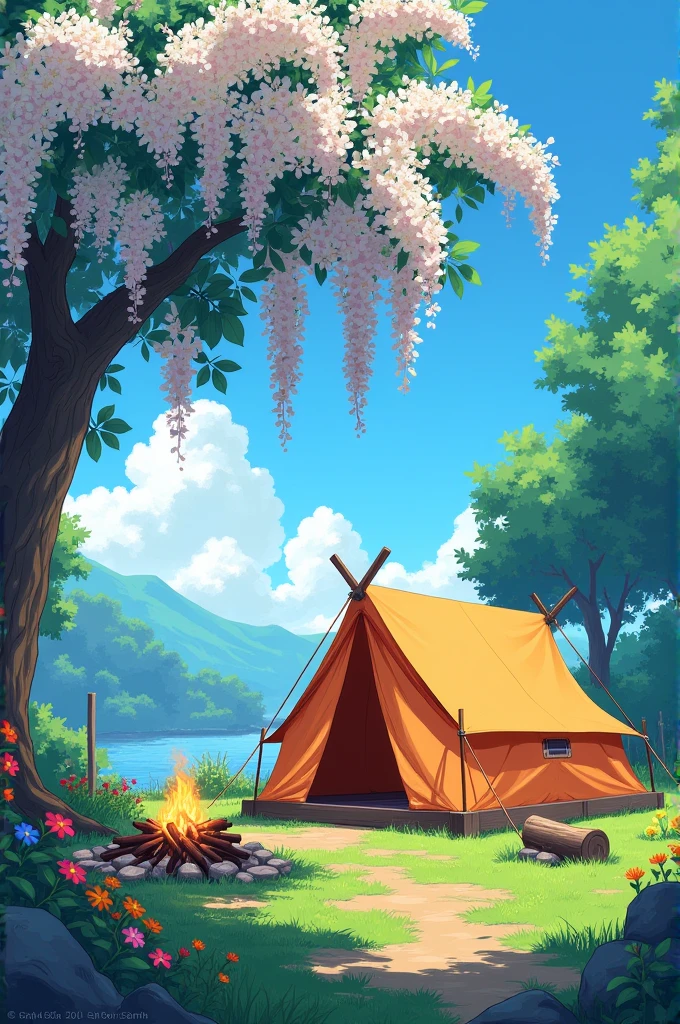 Anime digital art of a vibrant and colorful illustration of the campsite with  white colour bougainvillea hanging above, beautiful direct front facade view of camping tent, blue sky in the background, wooden log, fire pit,, beautiful view, flowers in the foreground, In the style of anime, with high resolution and high details, colorful. This scene captures an atmosphere reminiscent of Japanese manga and drawing, with bright colors.    