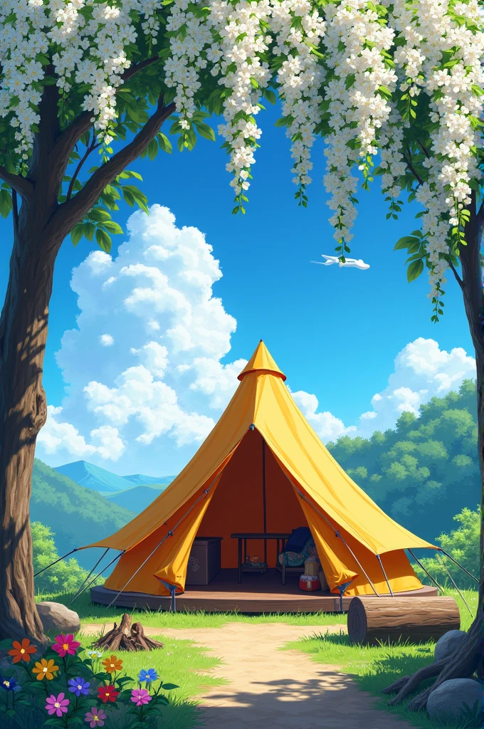 Anime digital art of a vibrant and colorful illustration of the campsite with  white colour bougainvillea hanging above, beautiful direct front facade view of camping tent, blue sky in the background, wooden log, fire pit,, beautiful view, flowers in the foreground, In the style of anime, with high resolution and high details, colorful. This scene captures an atmosphere reminiscent of Japanese manga and drawing, with bright colors.    