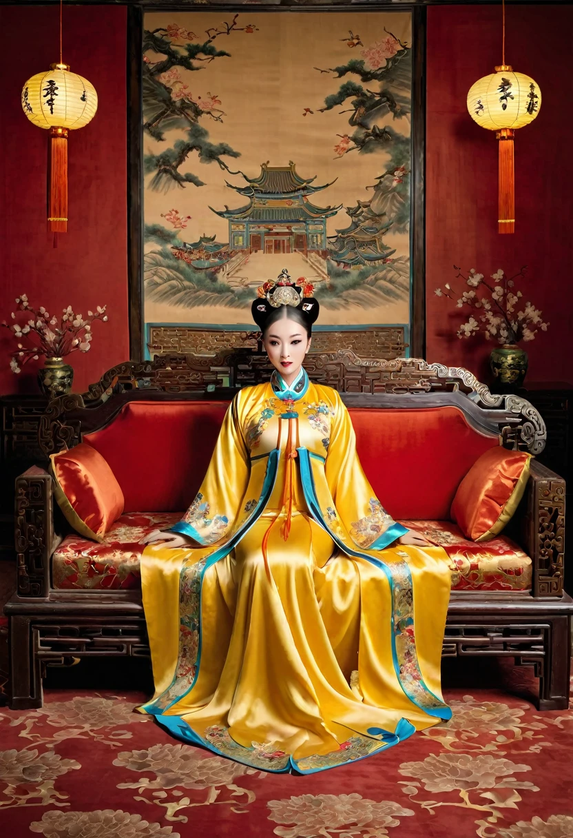 Gorgeous Empress of the Chinese Court during the Qing Dynasty Gorgeous Empress of the Chinese Court on a sofa, nude, large and golden, with her legs on the sofa, wide open, knees bent, in an M pose (pornographic pose), with her hair tied on both sides The background of this perverted and erotic woman wearing a crown and tying her hair is the Chinese court of the Qing Dynasty. The scene is set in the luxurious room of an empress in the Qing Dynasty Chinese court.
Translated with DeepL.com (free version)