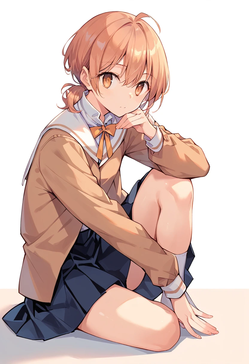 cowboy_shot,sitting down on the floor holding her knees,1-girl,young_woman,(((ite))),school_uniform