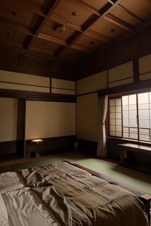 room in beautiful palatial and gloomy Japanese castle in Japan with mountains and lakes, bedrooms