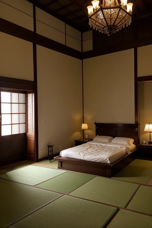 room in beautiful palatial and gloomy Japanese castle in Japan with mountains and lakes, bedrooms