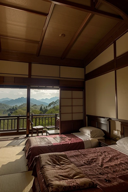 room in beautiful palatial and gloomy Japanese castle in Japan with mountains and lakes, bedrooms