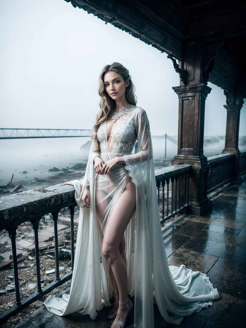 8k, Full body photo of the beautiful Leila, (Rot, complicated, Schier, TRANSPARENT, Translucent, skin-tight cloth), complicated, pretty face, Your skin should be pale and flawless, With a touch of transcendental beauty, It should express calm trust, (She stands on the bridge of an old town, (Only a hint of fog covers the destroyed city)), muito detalhado, digital hyperrealistic photography, hyperrealistic photography filigree, shyness, most beautiful face, masterpiece, side light, (finely detailed beautiful blue eyes: 1.2), leans forward, Full body shot