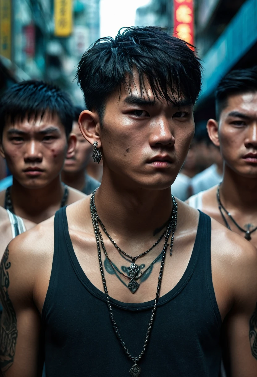 Close-up of a group of extremely handsome, 15-year-old, muscular, tattooed, necklace-wearing, high-tailed young men, street scene, gangster style, romance, Hong Kong cinema, knives, guns, spears, clubs. Their eyes are filled with sadness and longing. The background is a trail of blood and violence. Cinematic lighting, high detail, 8k, artstation, conceptual art, dark fantasy. Photo taken with a Canon EOS R5 85mm f/11 camera, ((sharp)) mode of people and surroundings. Image quality ((8K)), ((realistic)), ((masterpiece)), ((sharpest and highest contrast)), ((excellent depth of field)), ((stereoscopic lighting)). ((angry, ferocious)), detailed pores, ((Direct facial lighting)), bright sunlight.