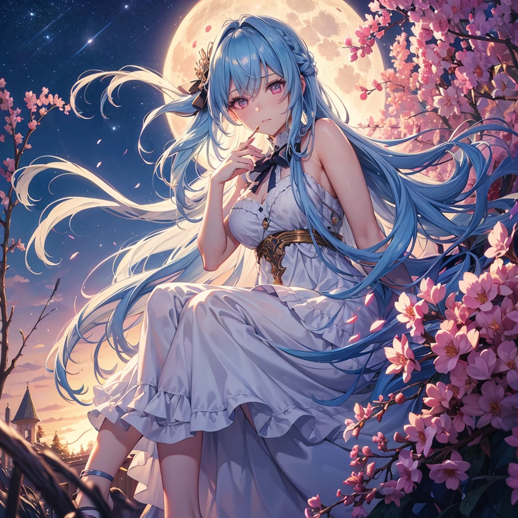 Sky blue hair, (1 braided hair), (Pink eyes),Fair skin) ,(whole body),(One Girl),(White sweet dumpling),Miscanthus sinensis,(beautiful, Full moon shining in the night sky),(masterpiece, Highest quality, Very detailed, Best Shadow), (Detailed Background), (Beautifully detailed face), High Contrast, (Best lighting, Very delicate and beautiful), ((Cinematic Light)), Hyper Detail,8k, Dramatic Light, Intricate details,Sit down and eat dumplings,